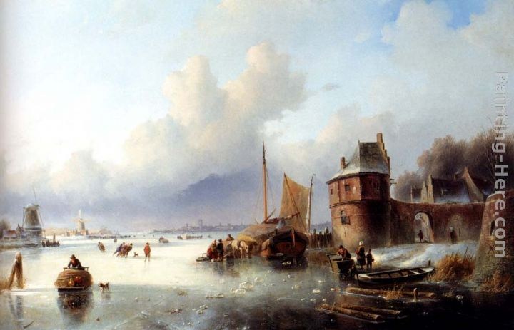 Jan Jacob Coenraad Spohler A Winter Landscape With Numerous Skaters On A Frozen Waterway, Dordrecht In The Distance